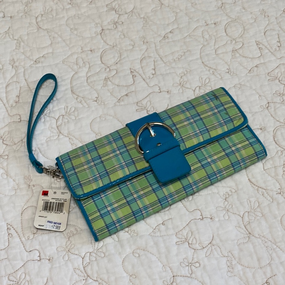NWT MUNDI Wallet Wristlet plaid turquoise NWT